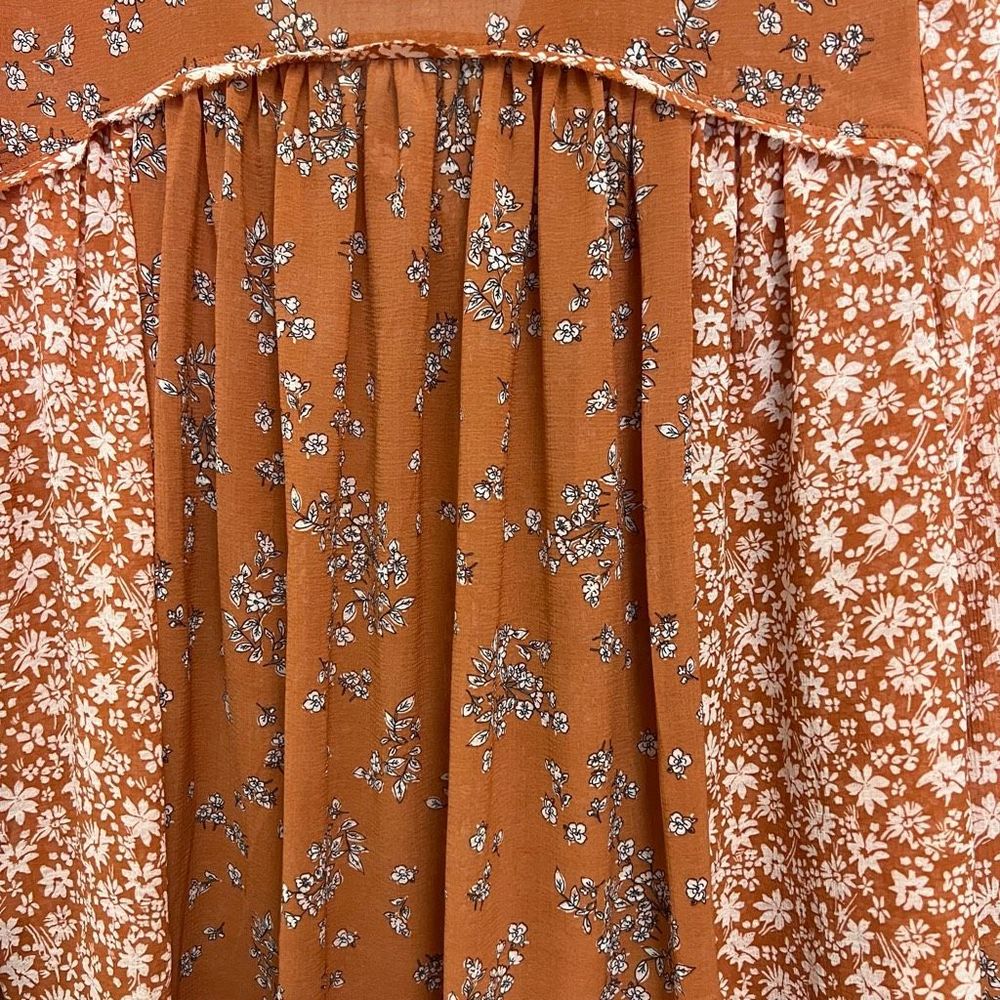 Free People Serena Blouse Floral Bell Sleeves Micro Floral Rust Sheer Size Large - Picture 6 of 7
